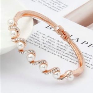 Silver Rose Gold Plated Cultured Pearl Rhinestone Bangle Bracelet